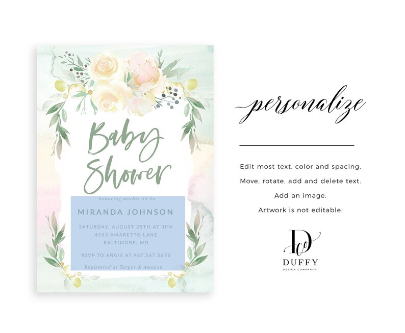 May include: A watercolor baby shower invitation with a floral wreath and the text "Baby Shower" in green script. The invitation includes the name "Miranda Johnson", the date and time of the shower, the address, and RSVP information.