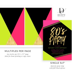 May include: Invitation for an 80's themed party with black, pink, and green geometric shapes and gold accents. The text reads "Join us for a totally rad 80's Party to celebrate Bethany's 40th Birthday!"