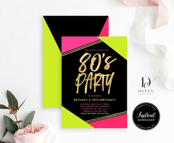 80's Birthday Invitation Template, 80s Themed Neon Party Invitations, 80's Party Invitation, INSTANT DOWNLOAD, DBIR009