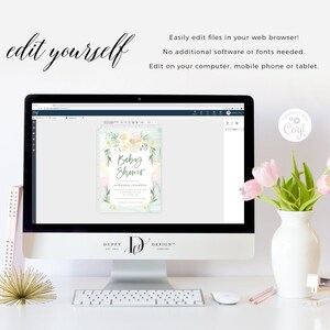 May include: A computer screen displaying a baby shower invitation template with a watercolor floral design. The invitation says "Baby Shower" and features a light blue background with pink and white flowers. The text "Edit on your computer, mobile phone or tablet" is displayed above the computer screen.