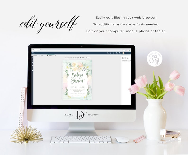 May include: A computer screen displaying a baby shower invitation template with a watercolor floral design. The invitation says "Baby Shower" and features a light blue background with pink and white flowers. The text "Edit on your computer, mobile phone or tablet" is displayed above the computer screen.