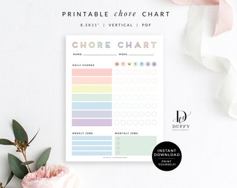 Printable Rainbow Chore Chart, My Jobs Chart, Daily Weekly Monthly Responsibilities List, Toddler Reward Chart,  INSTANT DOWNLOAD - CC001