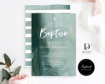 May include: A watercolor-style invitation for a baptism with a green and white striped background. The invitation features the text "Baptism" in white script and the name "Quinn Randall" in white text. The invitation also includes the date, time, and location of the baptism, as well as the location of the reception.