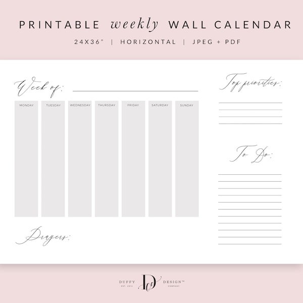 Large Weekly Wall Calendar PRINTABLE, Weekly Schedule Board, Large Wall Calendar, Big Wall Calendar, Family Planner, Weekly Planner, 24x36"