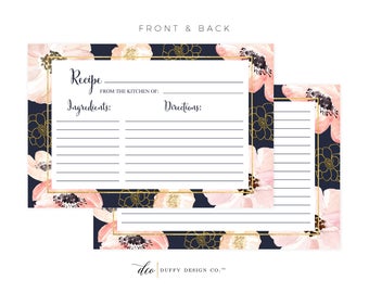 May include: Printable recipe cards with a navy blue background and pink floral design. The cards have gold accents and lines for writing ingredients and directions. The text on the card reads "Recipe" and "From the Kitchen of:"