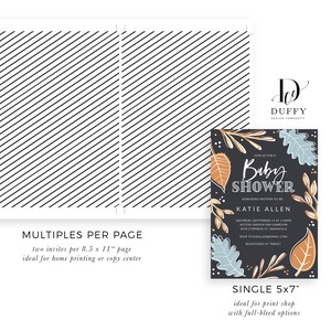 May include: A printable baby shower invitation with a dark blue background and gold and blue floral illustrations. The text reads "Join us for a Baby Shower Honoring Mother-to-be Katie Allen Saturday, September 15 at 2:00pm Hilton Garden Inn Sunroom 3418 Cypress St | Nashville RSVP to kaallen@gmail.com Registered at Target"