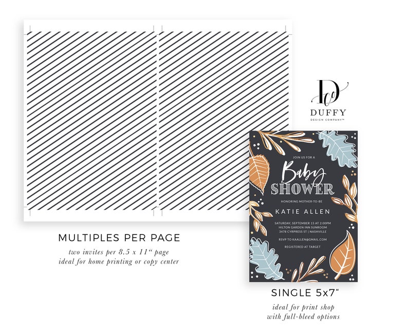 May include: A printable baby shower invitation with a dark blue background and gold and blue floral illustrations. The text reads "Join us for a Baby Shower Honoring Mother-to-be Katie Allen Saturday, September 15 at 2:00pm Hilton Garden Inn Sunroom 3418 Cypress St | Nashville RSVP to kaallen@gmail.com Registered at Target"