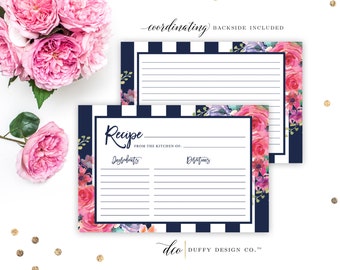 Floral Recipe Card, Bridal Shower Recipe Card, Pink Watercolor Recipe Card, Kitchen Shower Card, Navy Gold 4x6 DIGITAL - Instant Download