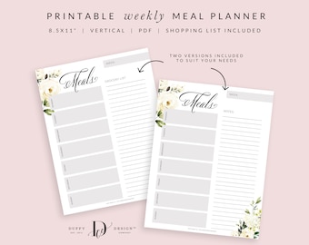 Meal Planner Printable, Weekly Meal Planner, Menu Planner, Grocery Shopping List Printable, Health Planner, Fitness Planner, PDF