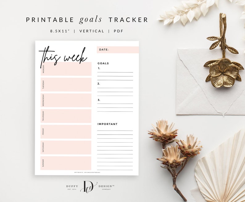 May include: Printable weekly goals tracker with a pink background. The tracker includes a section for goals, important tasks, and a daily schedule from Sunday to Saturday.