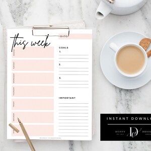 May include: A printable weekly planner with a pink background and black text. The planner includes sections for goals, important tasks, and daily to-do lists for Monday through Sunday.