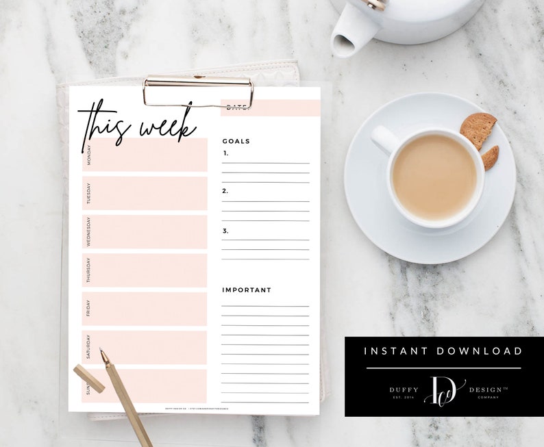 May include: A printable weekly planner with a pink background and black text. The planner includes sections for goals, important tasks, and daily to-do lists for Monday through Sunday.