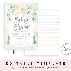 May include: A watercolor baby shower invitation with a floral wreath and the text "Baby Shower" in a script font. The invitation includes the name "Miranda Johnson", the date and time of the shower, the address, and RSVP information. The invitation also includes the text "Registered at Target & Amazon".