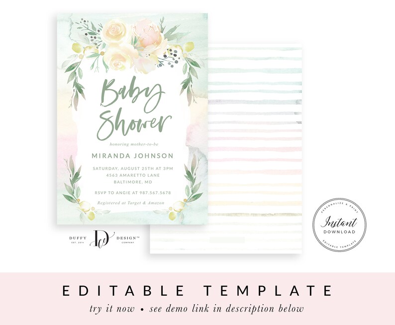 May include: A watercolor baby shower invitation with a floral wreath and the text "Baby Shower" in a script font. The invitation includes the name "Miranda Johnson", the date and time of the shower, the address, and RSVP information. The invitation also includes the text "Registered at Target & Amazon".