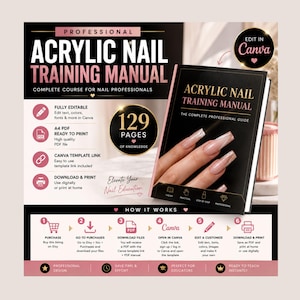 Può includere: Un manuale di formazione professionale per unghie acriliche con 129 pagine di contenuti. Il design nero e oro rosa include testo, icone e un'immagine di copertina di unghie curate. È completamente modificabile in Canva, fornisce un file PDF per uso digitale o stampa, con una guida passo dopo passo per i professionisti delle unghie.