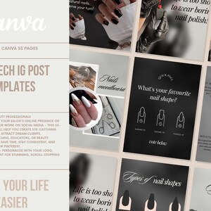 Puede incluir: Un paquete de plantillas de Canva para técnicos de uñas y profesionales de la belleza. Las plantillas incluyen publicaciones para Instagram y Pinterest. La imagen presenta ejemplos de diseños de uñas, consejos para el cuidado de las uñas y guías de formas de uñas.