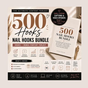 Könnte beinhalten: Ein digitales Content-Toolkit mit dem Titel 500 Hooks Nail Hooks Bundle, bestehend aus einem weißen Buch mit braunem Text, einem goldenen Stift und Symbolen für Engagement-Strategien, Bildunterschriften und einem Inhaltskalender.