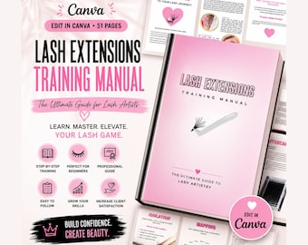 May include: A pink and white Lash Extensions Training Manual. The cover displays the text "Lash Extensions Training Manual" and "The Ultimate Guide for Lash Artists". The book features a lash design and the Canva logo.