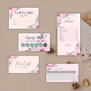 Pacote de Branding para Salão de Beleza | Modelos Canva Editáveis 5 em 1 – Lista de Preços, Cartão Presente, Cartão Fidelidade e Conjunto de Cartões de Agendamento | Kit para Imprimir