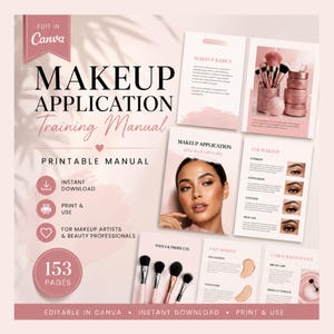 Puede incluir: Manual de formación imprimible sobre aplicación de maquillaje, con diseño rosa y blanco. La portada muestra "Makeup Application Training Manual" e incluye iconos para descarga instantánea e impresión. Para maquilladores y profesionales de la belleza.