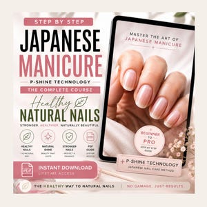 Op de afbeelding: Een advertentie voor een Japanse manicure cursus. De afbeelding toont een tablet met een hand met gepolijste nagels, samen met de tekst "Japanse Manicure" en "Gezonde Natuurlijke Nagels". De cursus belooft sterkere, gezondere en natuurlijk mooie nagels.