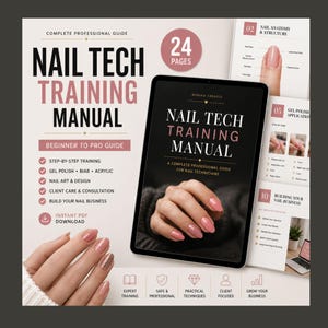 Può includere: Un manuale di formazione per onicotecnici di 24 pagine in formato PDF con istruzioni passo dopo passo per smalto gel, BIAB e acrilico. La copertina mostra il titolo e una mano con unghie rosa, con pagine interne su anatomia e consigli aziendali.