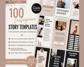 Puede incluir: Un conjunto de 100 plantillas de Instagram Story para creadores, entrenadores y empresas, totalmente editables en Canva. La imagen muestra varios diseños de plantillas con el texto "Edit in Canva", "Canva Templates", y "Giveaway Winner".