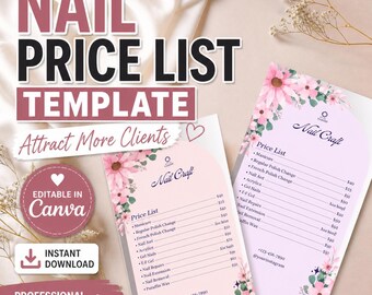 Modello di listino prezzi per unghie / Acquisisci più clienti / Listino prezzi modificabile con Canva / Modello per attività di onicotecnica / Menù del salone / Download immediato