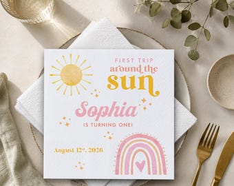 First Trip Around the Sun Napkins, Personalized 1st Birthday Napkins, Sunshine Birthday Party Decor