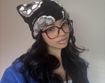Custom Crochet Cat Beanie - Handmade Granny Square Hat