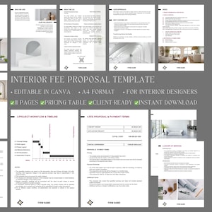 Pode incluir: Um modelo de proposta de taxas de interiores, com um layout com texto e imagens. O design inclui seções para detalhes do projeto, fluxo de trabalho e termos de pagamento. O texto inclui "Editable in Canva", "A4 Format" e "For Interior Designers".