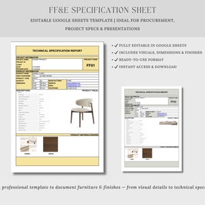 May include: A professional template for documenting furniture and finishes. The document includes visuals, dimensions, and finishes. The text on the document reads "FF&E SPECIFICATION SHEET" and "TECHNICAL SPECIFICATION REPORT".