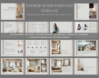 Plantilla de portafolio de Canva para diseñadores de interiores (diseño horizontal A3) / Servicios al cliente y presentación