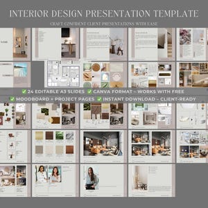 May include: A presentation template for interior design, featuring a grid layout with various design elements. The template includes slides with project names, mood boards, and project pages. Text on the image reads "24 Editable A3 Slides", "Canva Format", and "Instant Download".