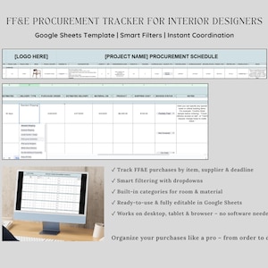 Puede incluir: Una plantilla digital de seguimiento de adquisiciones FF&E para diseñadores de interiores. La plantilla está diseñada para Google Sheets e incluye filtros inteligentes y coordinación instantánea. La imagen muestra una pantalla de computadora que muestra la plantilla, junto con texto que describe sus características.