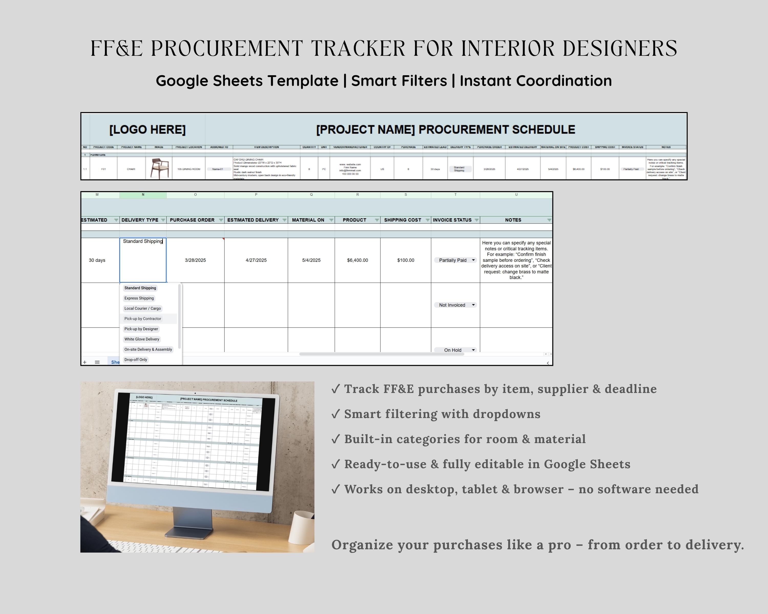 Interior Design Procurement Tracker | Google Sheets FF&E Schedule ...