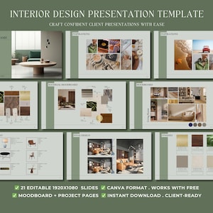 Peut inclure: Un modèle de présentation pour la décoration intérieure, avec des diapositives présentant des inspirations de design, des planches d'ambiance et des listes de produits. Les diapositives sont dans une palette de couleurs vert clair. Le texte indique "Interior Design Presentation Template".