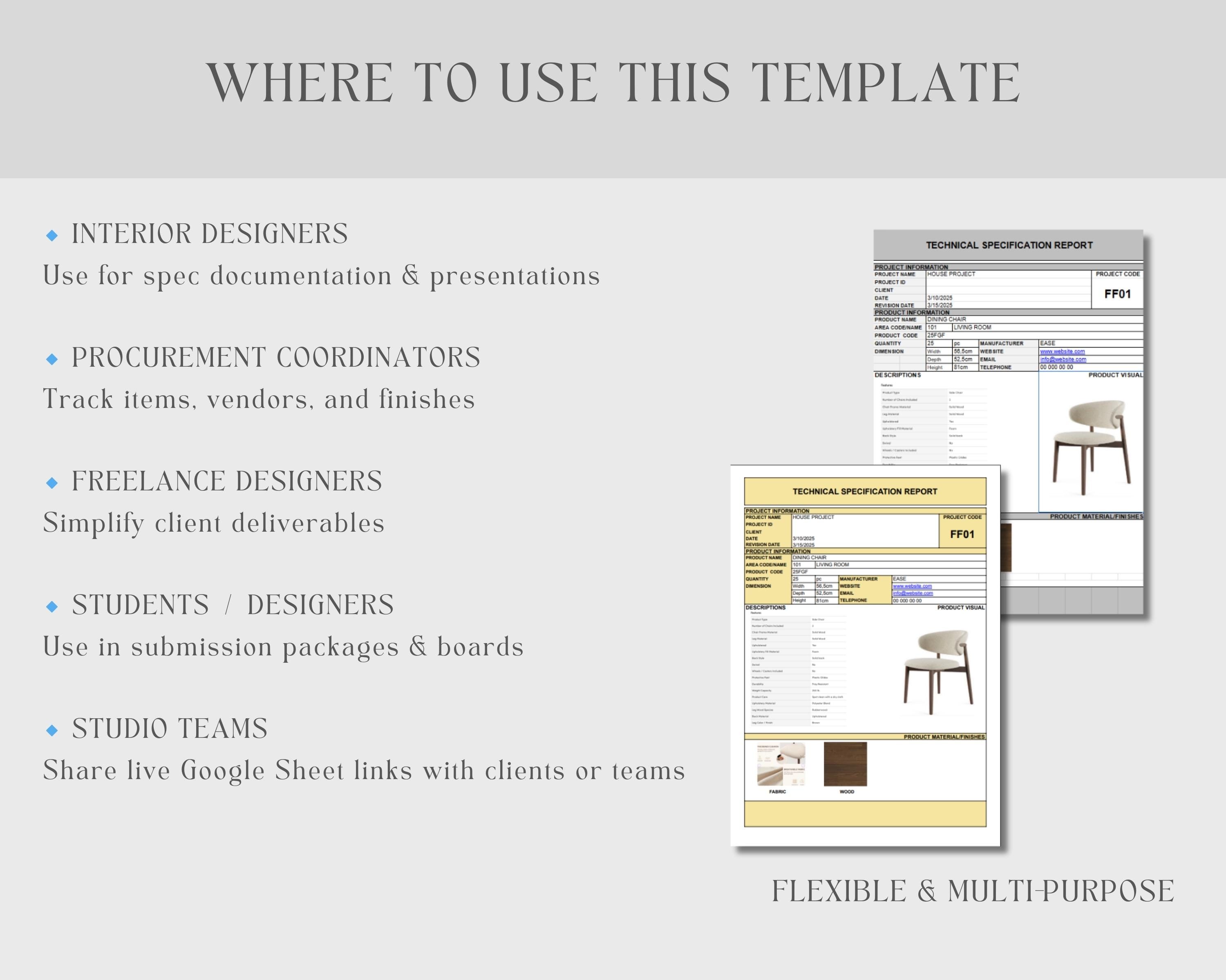 Spec Sheet Ffe FF&E Specification Sheet – Editable Google Sheets Template for Interior ...