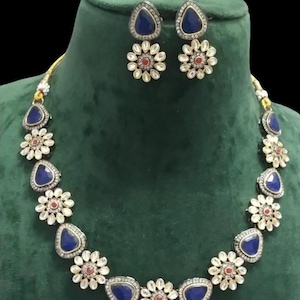 Indian Bridal Jewelry Set/ Wedding Jewelry/ Pakistani Jewelry/ Semiprecious Stone Set/ Silver Foil American Diamond Necklace/ Kundan Jewelry