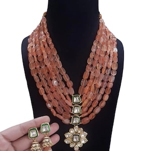Kundan Beaded Necklace Set | Polki Pendant Indian Wedding Jewelry | Bridal Jewelry Set with Earrings | Ethnic Choker Set giftitemshop