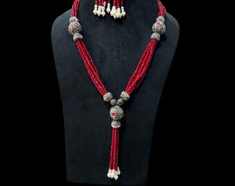 Red Beaded Necklace Set with Pearl Drops, Antique Silver Finish Statement Jewelry, Bridal & Festive Indian Jewelry Set