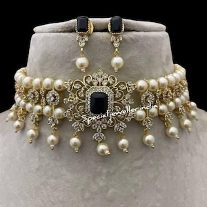 Elegante zwarte stenen parel choker ketting set voor dames - Sieraden voor bruiloft en feest