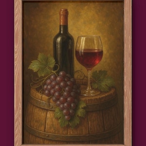 Vintage Charm: Digital Oil Painting of Wine Bottle & Glass – Perfect for Wine Lovers’ Decor