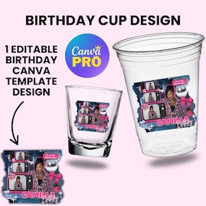 Può includere: Un bicchiere di plastica trasparente e un bicchiere in vetro con un design di compleanno che presenta un collage di una persona in camicia a quadri, cornici televisive vintage, una palla da discoteca, un fiocco rosa e il testo "It Is My Birthday" e "CAMILLA".