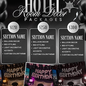 May include: A promotional graphic for hotel room decor packages. The design features the text "HOTEL Room Decor PACKAGES" with three pricing options: $120, $250, and $300. Each package includes balloon decor, bed styling, light accents, and custom color themes. The bottom of the graphic shows a bed decorated with balloons that spell "HAPPY BIRTHDAY".