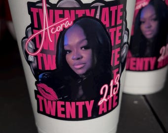 Custom Photo 16oz Styrofoam Party Cups, Personalized Birthday Stickers, Waterproof Designs