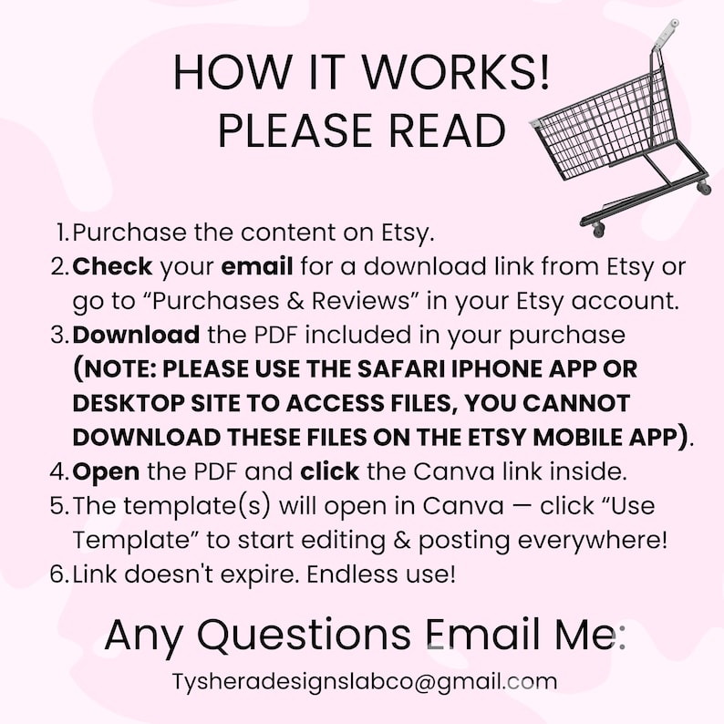 May include: A pink and white graphic with the text "HOW IT WORKS! PLEASE READ" and instructions for purchasing and using a digital product on Etsy. Includes a shopping cart graphic and contact information.