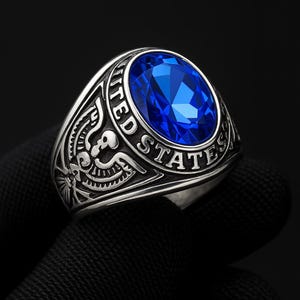 Bague militaire américaine - Bague militaire en pierre bleue pour homme - Bague soldat américain - Bijoux de l&#39;armée de la marine des États-Unis - Cadeau pour papa