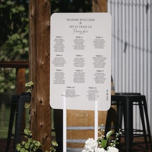 May include: A white wedding seating chart with rounded corners, displaying guest names organized by table number. The top of the sign features the names "MAXIME BOUCHER & MY LY TRAN-LE" and "Prenez place". The date "2025-08-30" is printed on the right side.