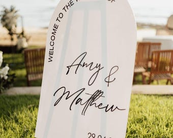 Letrero arqueado con los nombres de los novios, letrero de compromiso, letrero de bienvenida, letrero para la recepción, decoración de bodas, letrero de bienvenida para bodas en arco 3D